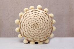 Light Peach Embroidered Pillow Cover, Boho Cushion Cover With Wool Pompoms & Wood Beads, 16x16