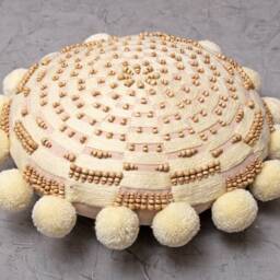 Light Peach Embroidered Pillow Cover, Boho Cushion Cover With Wool Pompoms & Wood Beads, 16x16 - thumbnail 4