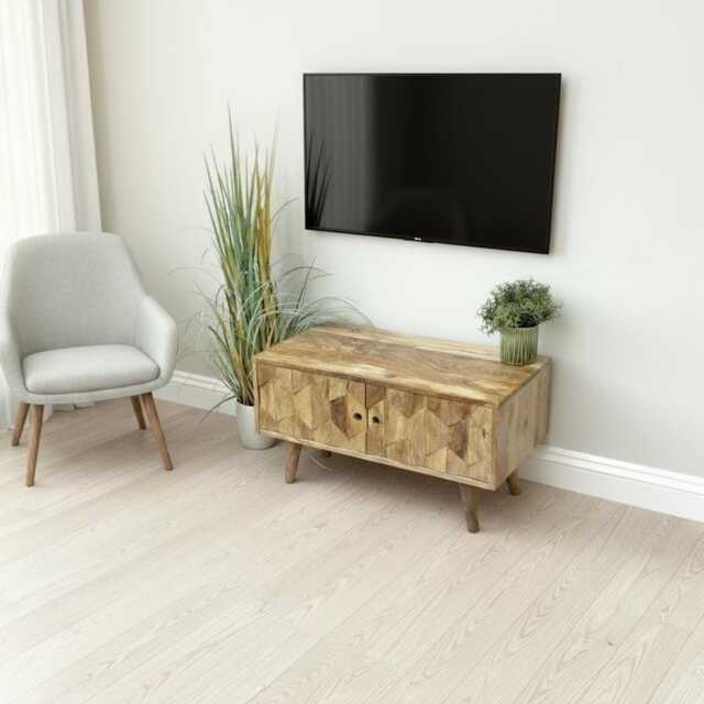 Solid Mango Wood Tv Cabinet Honeycomb Doors, Tapered Legs - image 1