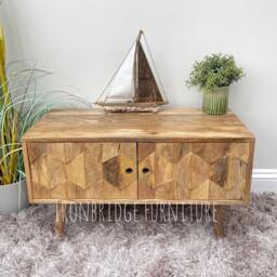 Solid Mango Wood Tv Cabinet Honeycomb Doors, Tapered Legs - thumbnail 3