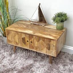 Solid Mango Wood Tv Cabinet Honeycomb Doors, Tapered Legs - thumbnail 2