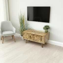 Solid Mango Wood Tv Cabinet Honeycomb Doors, Tapered Legs