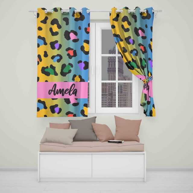 Leopard Multicolour Personalised Blackout Eyelet Curtains Custom Name Bright Rainbow Animal Print Kids Bedroom Playroom Or Home Decor Style - image 1