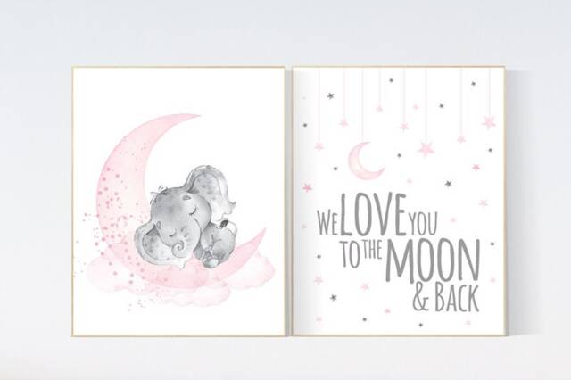 Elephant Nursery Decor Pink Moon & Stars Wall Art Print - image 1