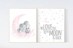 Elephant Nursery Decor Pink Moon & Stars Wall Art Print - thumbnail 1