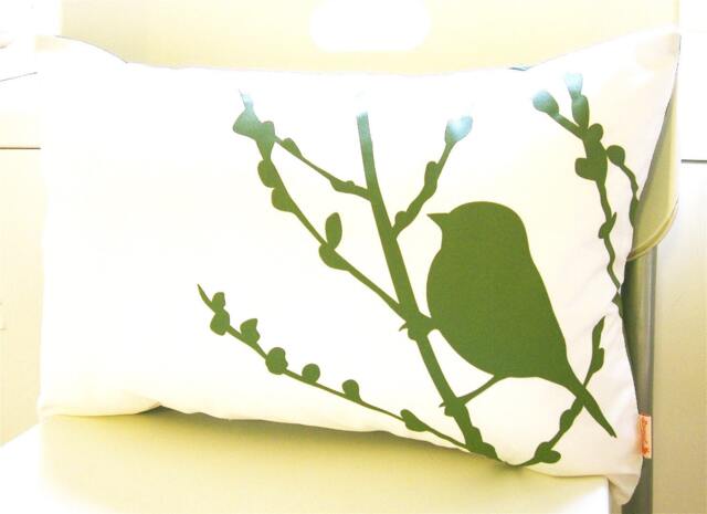 Olive Green Bird Pillow Silkscreened Cherry Blossom Branch - image 1