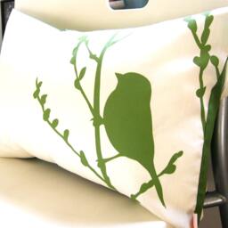 Olive Green Bird Pillow Silkscreened Cherry Blossom Branch - thumbnail 2