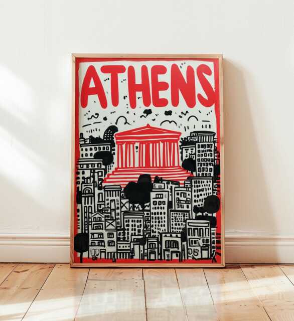 Athens Poster, Modern Pop Art Print, Greece City Wall Art, Bold Red Typography Artwork, Parthenon Illustration, Urban Travel Home Decor - image 1