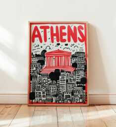 Athens Poster, Modern Pop Art Print, Greece City Wall Art, Bold Red Typography Artwork, Parthenon Illustration, Urban Travel Home Decor - thumbnail 1