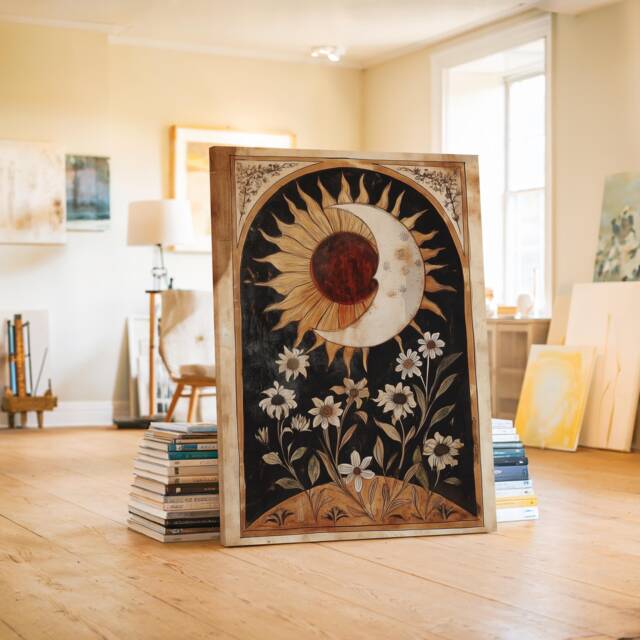 Mystical Sunflower & Moon Art, Boho Spiritual Wall Decor, Earthy Vintage Flower Canvas, Bedroom Living Room Bohemian Art