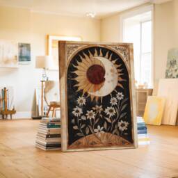 Mystical Sunflower & Moon Art, Boho Spiritual Wall Decor, Earthy Vintage Flower Canvas, Bedroom Living Room Bohemian Art - thumbnail 1