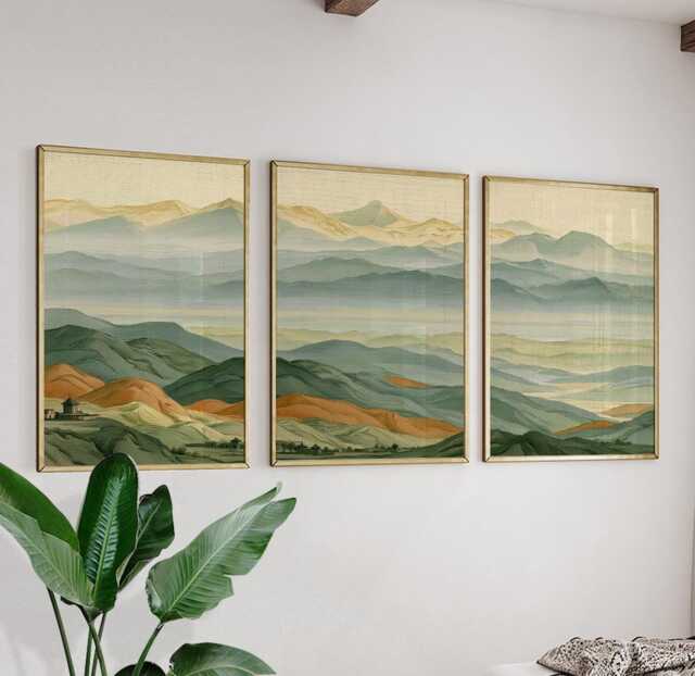 Layered Mountain Trio, Green Landscape Wall Art Set - image 1