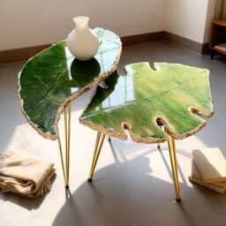 2 X Nesting Arty Coffee Table, Handmade Epoxy Resin Leaf Style Art Side Table , Modern Home Decor Gold Legs - thumbnail 1