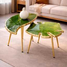 2 X Nesting Arty Coffee Table, Handmade Epoxy Resin Leaf Style Art Side Table , Modern Home Decor Gold Legs - thumbnail 2