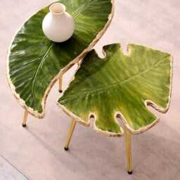 2 X Nesting Arty Coffee Table, Handmade Epoxy Resin Leaf Style Art Side Table , Modern Home Decor Gold Legs - thumbnail 3
