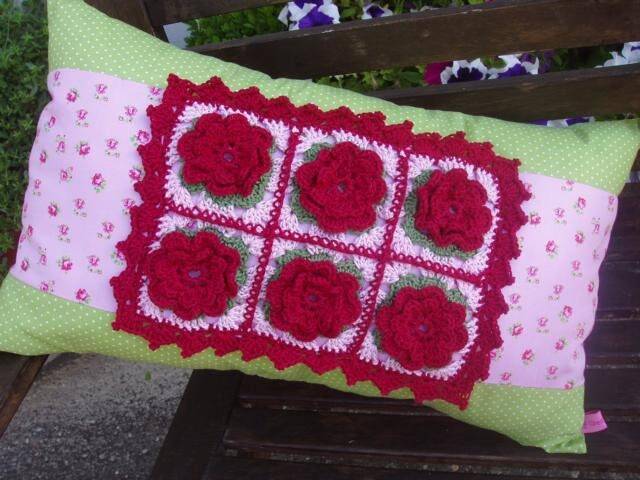 Pillow Flower Power Granny Square, Crochet Pillow, Roses - image 1