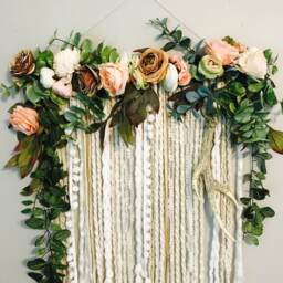 Floral Wall Hanging, Faux Peony, Cream & White Yarn, Antler Accent - thumbnail 3