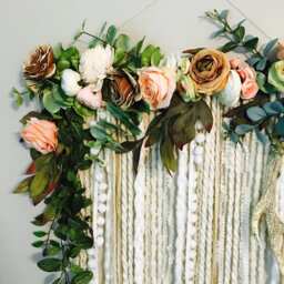 Floral Wall Hanging, Faux Peony, Cream & White Yarn, Antler Accent - thumbnail 2