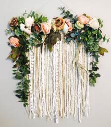 Floral Wall Hanging, Faux Peony, Cream & White Yarn, Antler Accent - thumbnail 1