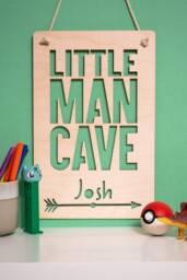 Little Man Cave, Personalised Playroom Wall & Door Hanging Sign, Wooden Personalised, Baby Name Childs Bedroom Decor - thumbnail 1