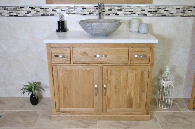 Bathroom Vanity Unit Oak Cabinet Wash Stand White Marble Top & Stone Basin 1161Wmsbc - image 1