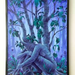 Rooted 11x17 Print - Tree Painting Purple Night Quiet Art Reproduction Lovely Dryad Flowers Fantasy Pretty Acrylic Colorful Nymph Poster - thumbnail 2