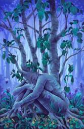 Rooted 11x17 Print - Tree Painting Purple Night Quiet Art Reproduction Lovely Dryad Flowers Fantasy Pretty Acrylic Colorful Nymph Poster - thumbnail 1