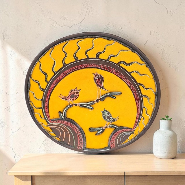 Handmade Ceramic Bird Plate, Yellow Folk Art Wall Decor, Round Serving Dish - image 1