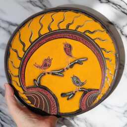 Handmade Ceramic Bird Plate, Yellow Folk Art Wall Decor, Round Serving Dish - thumbnail 2