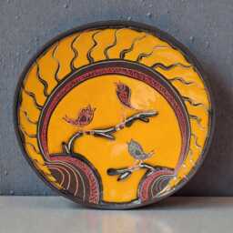 Handmade Ceramic Bird Plate, Yellow Folk Art Wall Decor, Round Serving Dish - thumbnail 4
