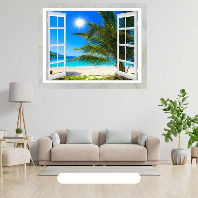 3D Tropical Beach Window Wall Art Vinyl Sticker Scenery View Bedroom Decal Decor Mural Peel & Stick - image 1