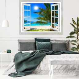 3D Tropical Beach Window Wall Art Vinyl Sticker Scenery View Bedroom Decal Decor Mural Peel & Stick - thumbnail 3