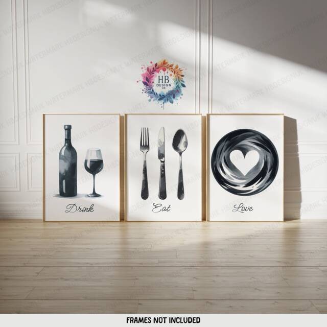 Kitchen Dining Print - Set Of 3 Prints - Black Watercolor Posters Food & Drink Wall Art Home Decor Pictures For Room - image 1