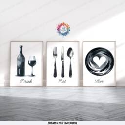 Kitchen Dining Print - Set Of 3 Prints - Black Watercolor Posters Food & Drink Wall Art Home Decor Pictures For Room - thumbnail 2