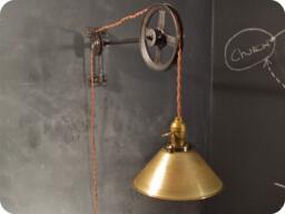 Vintage Industrial Pulley Light - Brass Cone Shade Lamp Wall Mount Steampunk Sconce Lighting