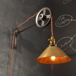 Vintage Industrial Pulley Light - Brass Cone Shade Lamp Wall Mount Steampunk Sconce Lighting - thumbnail 3