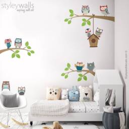 Owls Wall Decal, Branch & Sticker, Bird House Nursery Decor, Baby Room Kids Decals - thumbnail 1