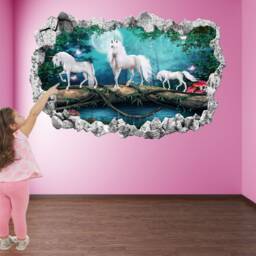 Unicorn Wall Sticker Mural, Enchanted Forest Decal For Kids Bedroom - thumbnail 1