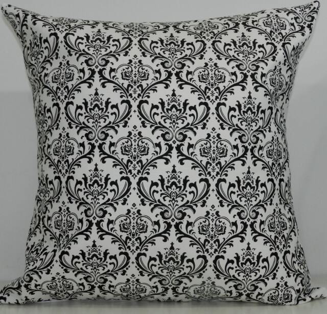 New 18x18 Inch Designer Handmade Pillow Cases in Small Scale Black & White Damask