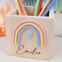 Personalized Wooden Pencil Cup, Rainbow Holder, School Enrollment Gift, Schoolchild - thumbnail 3