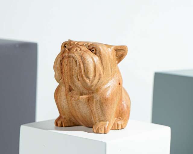 Sitting Bulldog Sculpture, Dog Statue, Animal, Natural Piece, Wooden Base, Unique Figurine, Room Decor, Nursery Gift For Son - image 1