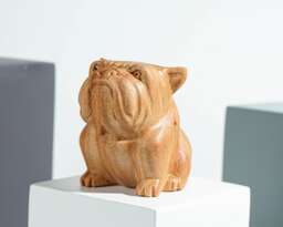 Sitting Bulldog Sculpture, Dog Statue, Animal, Natural Piece, Wooden Base, Unique Figurine, Room Decor, Nursery Gift For Son