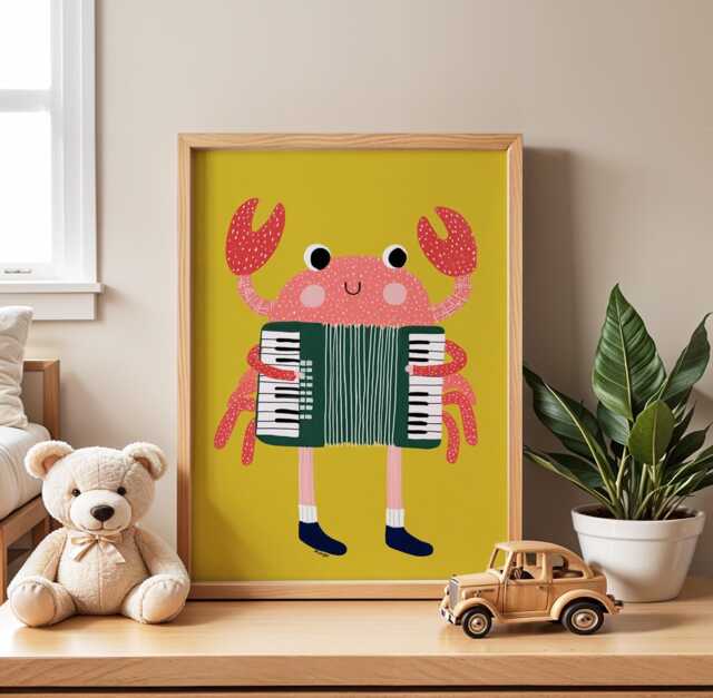 Crab Nursery Wall Art, Kids Room Poster, Playful Animal Print, Yellow & Pink Sea Creature Illustration, Coastal Baby Decor - image 1