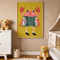 Crab Nursery Wall Art, Kids Room Poster, Playful Animal Print, Yellow & Pink Sea Creature Illustration, Coastal Baby Decor - thumbnail 3