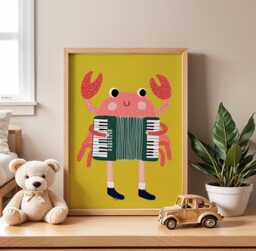 Crab Nursery Wall Art, Kids Room Poster, Playful Animal Print, Yellow & Pink Sea Creature Illustration, Coastal Baby Decor - thumbnail 1
