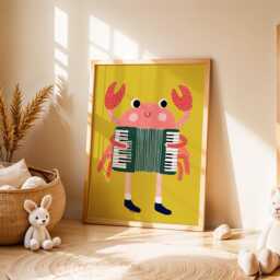 Crab Nursery Wall Art, Kids Room Poster, Playful Animal Print, Yellow & Pink Sea Creature Illustration, Coastal Baby Decor - thumbnail 2