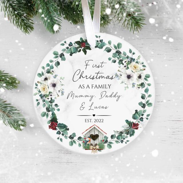 Personalised First Christmas As A Family, Holiday Decor, Ornament 2022, Family Keepsake Baby's 1st Christmas, Ceramic Bauble - image 1