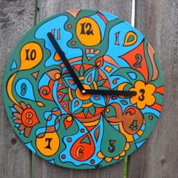 Earthy Clock - Psychedelic Geometric Design in Green/Blue Orange Made From Recycled Vinyl Record - thumbnail 2