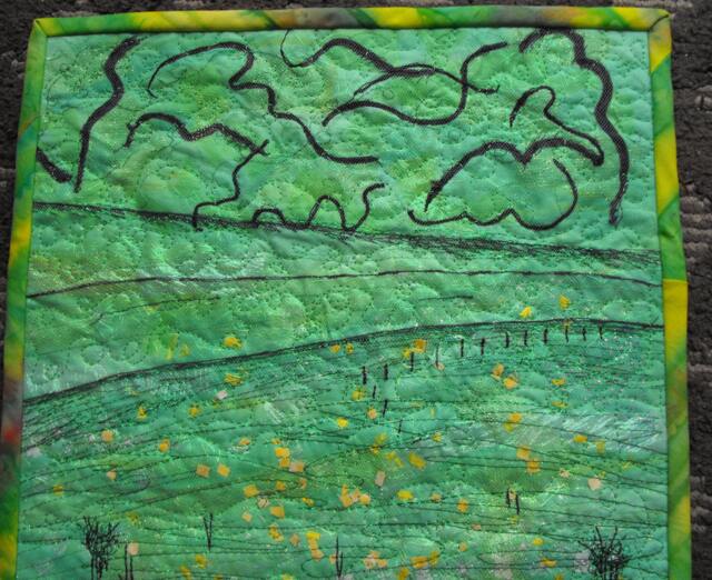 Small Art Quilt, Impressionist Art, Mixed Media Wall Meadow Scene, Gift For Her, Housewarming Gift, Landscape Fiber - image 1