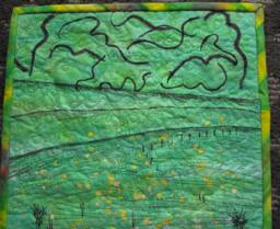 Small Art Quilt, Impressionist Art, Mixed Media Wall Meadow Scene, Gift For Her, Housewarming Gift, Landscape Fiber - thumbnail 1